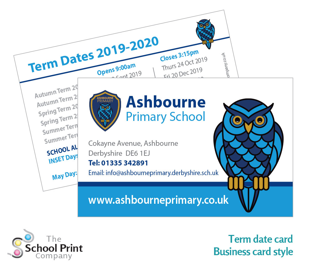 Ashbourne - printed school term card - calendar