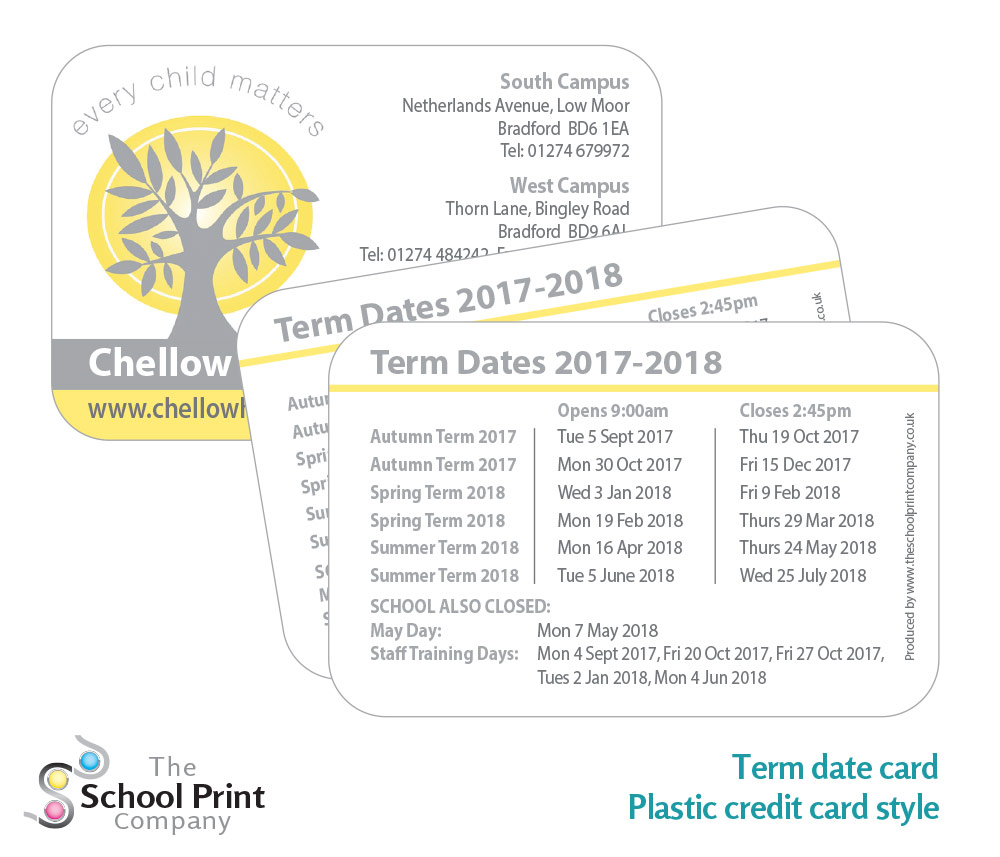 chellow - printed school term card - calendar sign