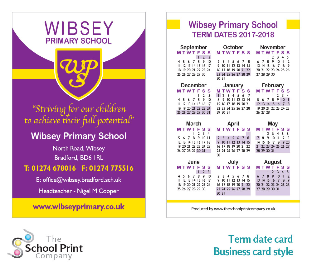 wibsey - printed school term card - calendar exercise book